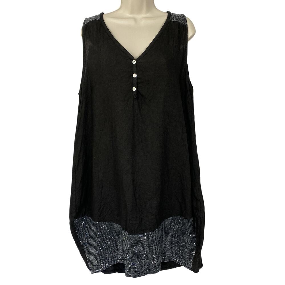 Angela Mara Linen Shift Dress‎ Womens Large Black Sequin Trim Lagenlook Flowy